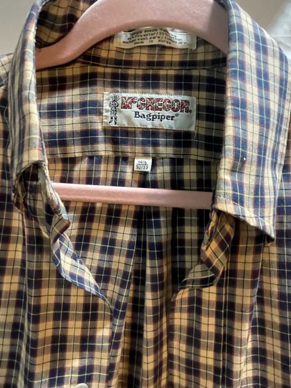 70s 80s Vintage McGregor Bagpiper Men's Plaid Button-Up Shirt 32-33